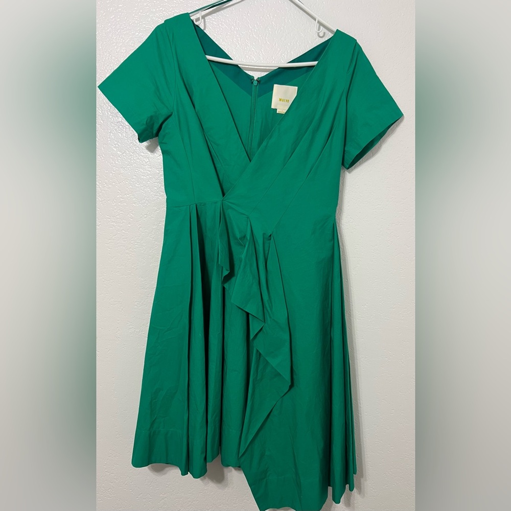 Anthropologie Maeve Emerald Green Wrap Ruffle Fit & Flare Cotton Dress